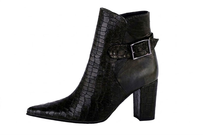 Dress ankle boots back buckles in satin black leather with high block heels and pointed toe - Profile view